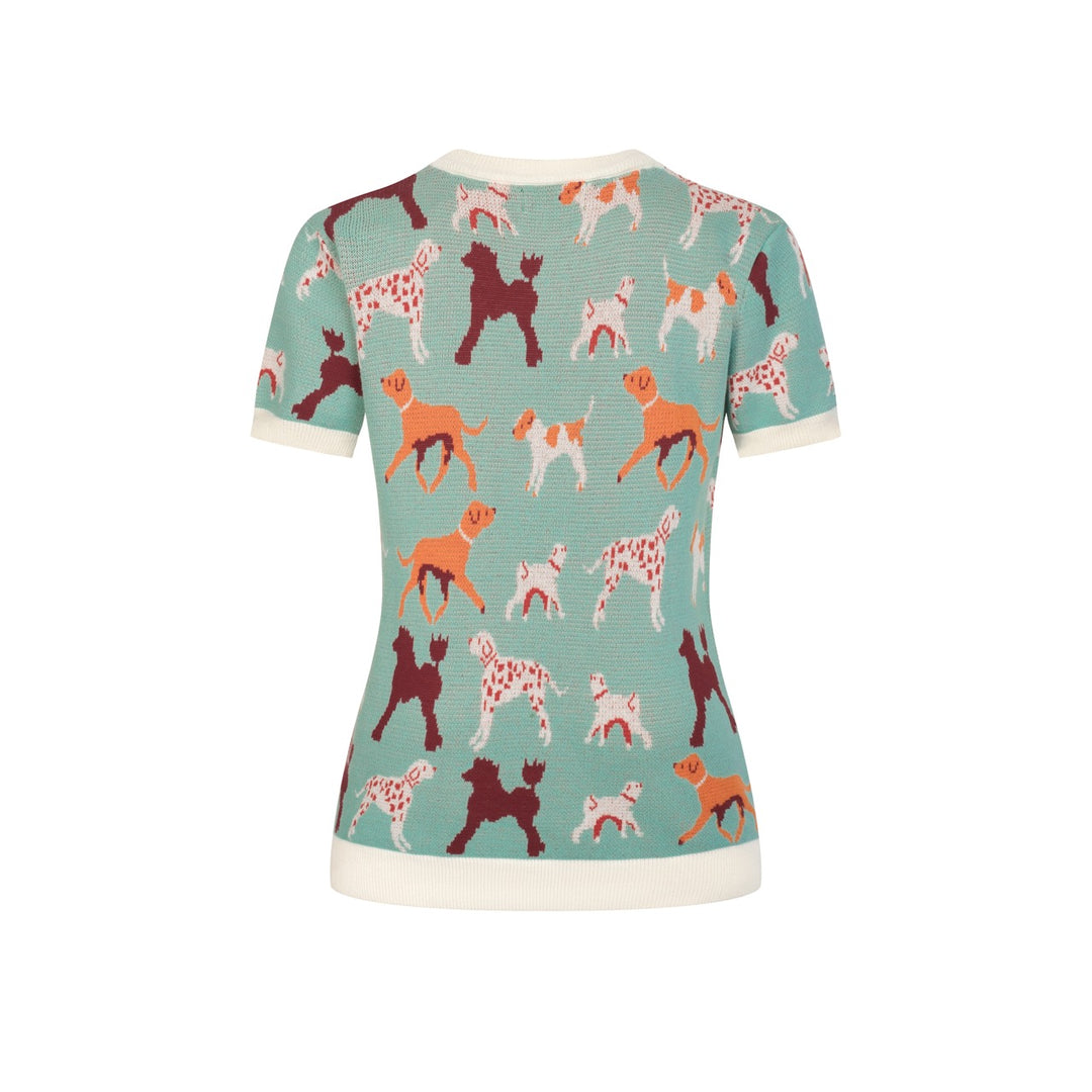 Maglietta Verde da Donna con Cane Retrò Divertente in Maglia Jacquard