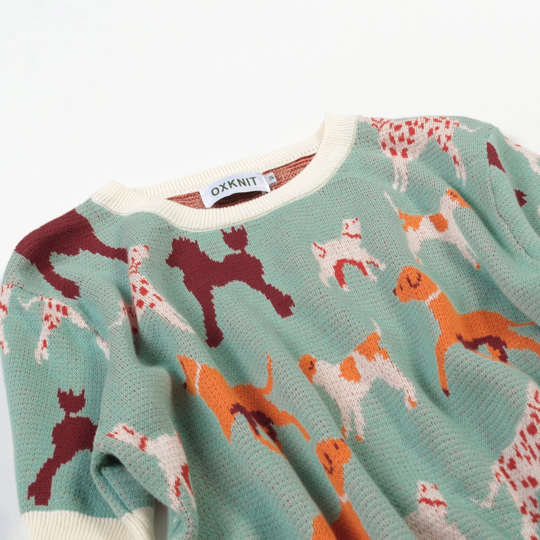 Maglietta Verde da Donna con Cane Retrò Divertente in Maglia Jacquard
