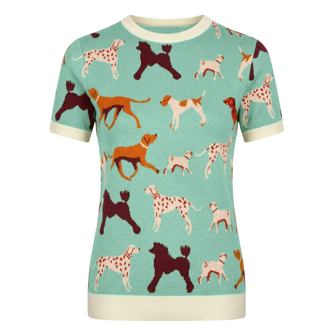 Dames Groene Retro Fun Hond Jacquard Gebreid T-Shirt