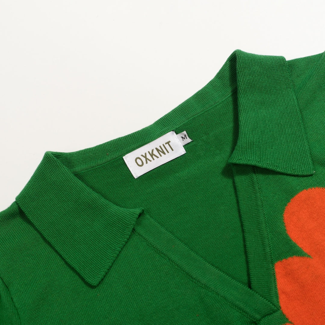 Women's Green 70s Floral Puff Sleeve Jacquard Knit T-Shirt
