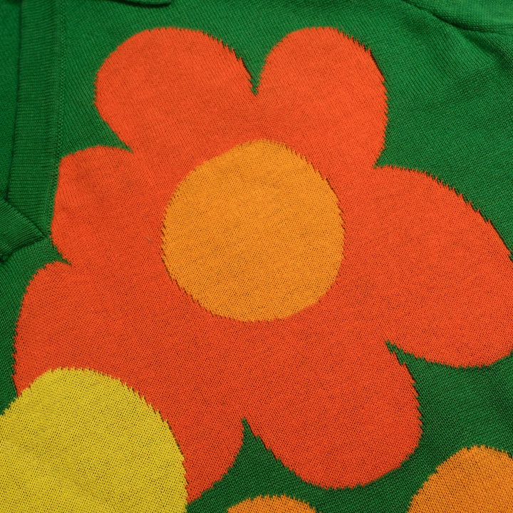 Women's Green 70s Floral Puff Sleeve Jacquard Knit T-Shirt