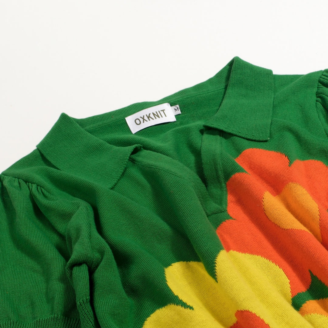 Women's Green 70s Floral Puff Sleeve Jacquard Knit T-Shirt
