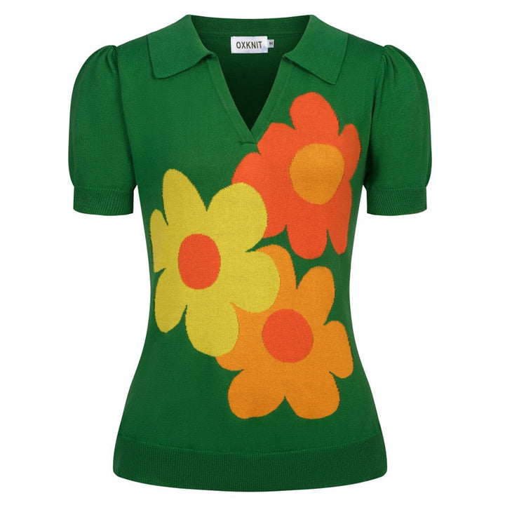 Women's Green 70s Floral Puff Sleeve Jacquard Knit T-Shirt