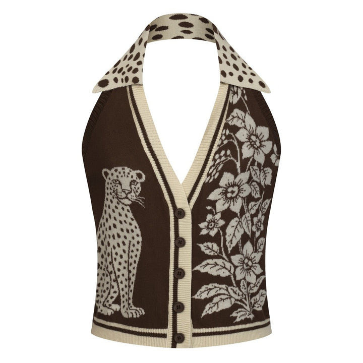 Women's Dark Brown Retro Animal and Botanical Art Jacquard Halter Knit Vest