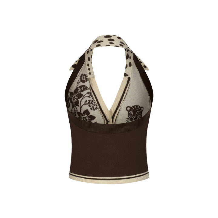 Women's Dark Brown Retro Animal and Botanical Art Jacquard Halter Knit Vest