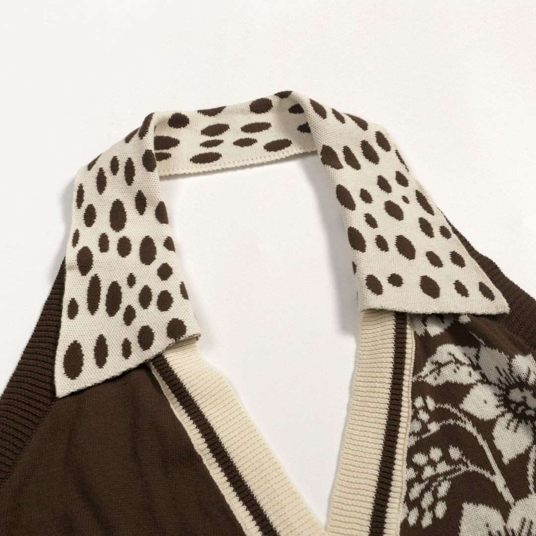 Women's Dark Brown Retro Animal and Botanical Art Jacquard Halter Knit Vest