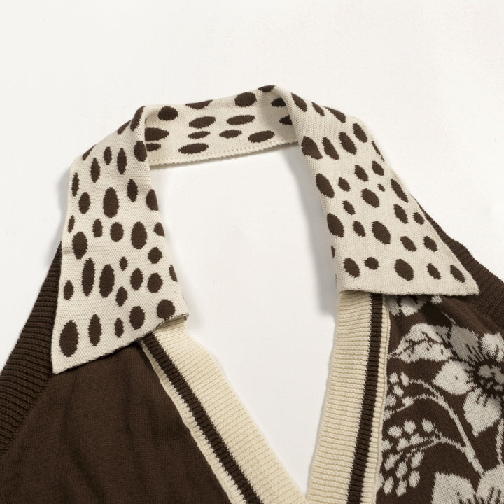 Women's Dark Brown Retro Animal and Botanical Art Jacquard Halter Knit Vest