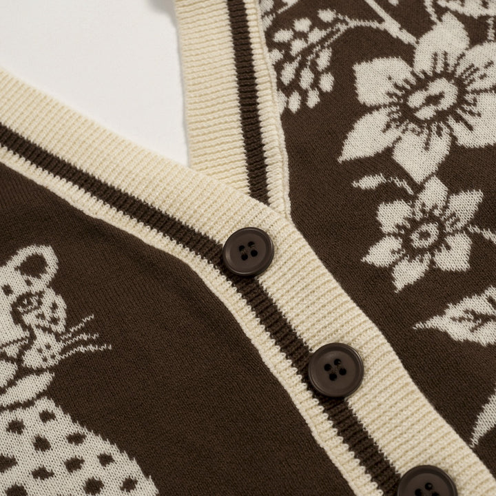 Women's Dark Brown Retro Animal and Botanical Art Jacquard Halter Knit Vest