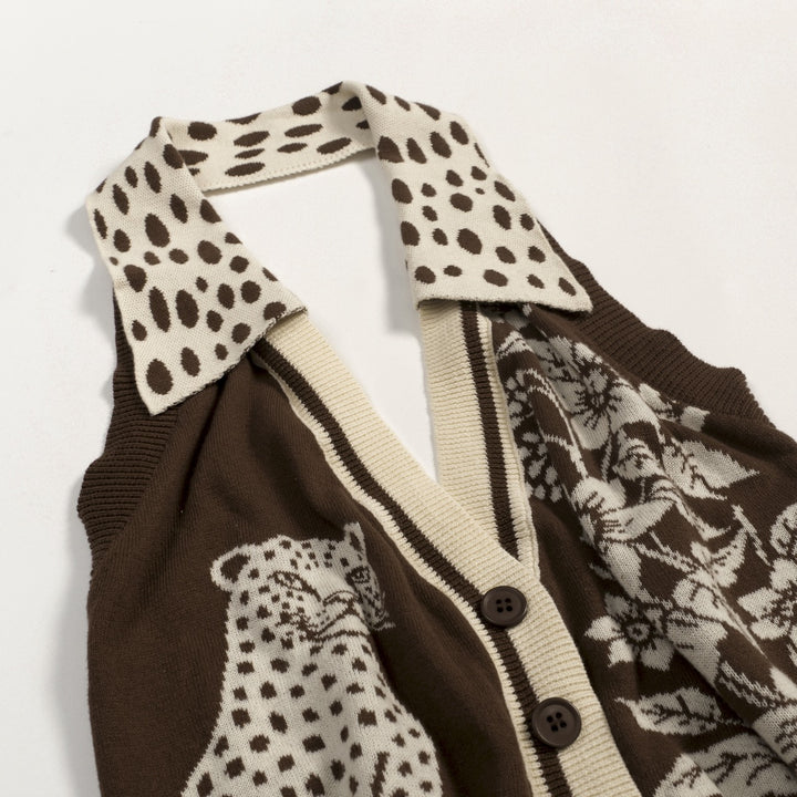 Women's Dark Brown Retro Animal and Botanical Art Jacquard Halter Knit Vest