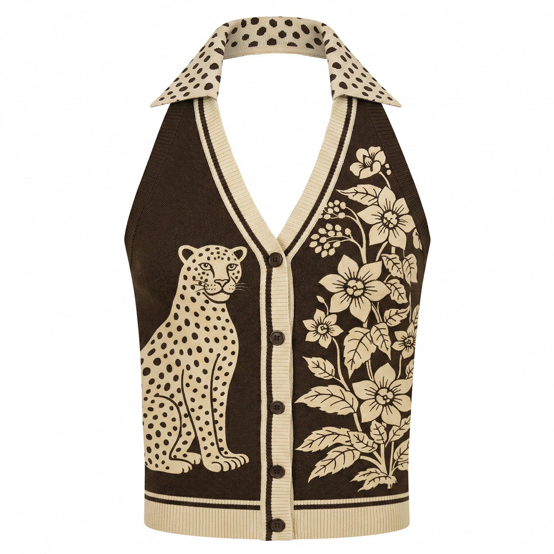 Dames Donkerbruine Retro Dieren- en Botanische Kunst Jacquard Halter Gebreide Bodywarmer