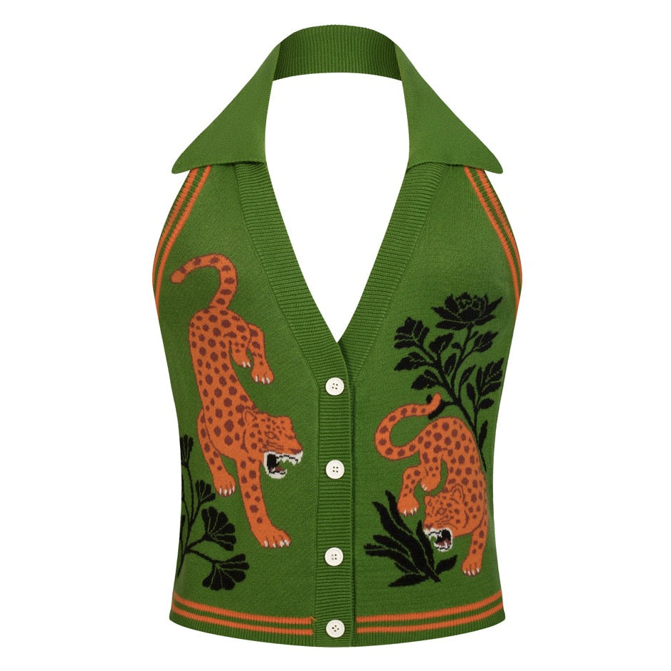 Women's Green Retro Wild Tropical Jungle Artistic Jacquard Halter