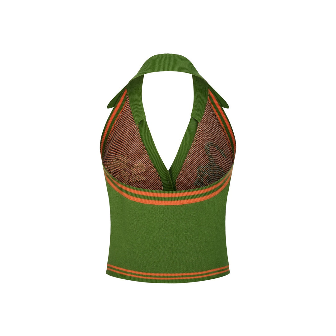 Women's Green Retro Wild Tropical Jungle Artistic Jacquard Halter Knit Vest