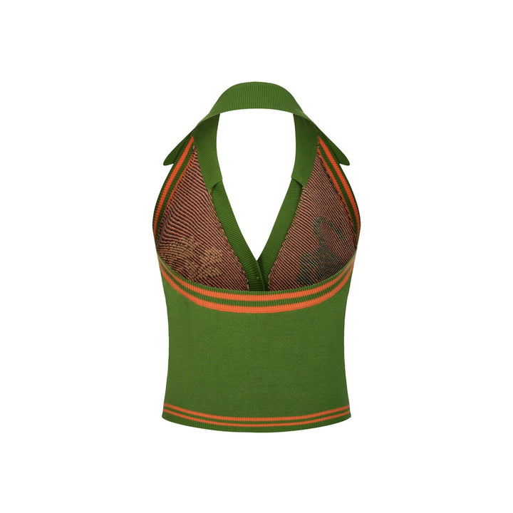Women's Green Retro Wild Tropical Jungle Artistic Jacquard Halter Knit Vest