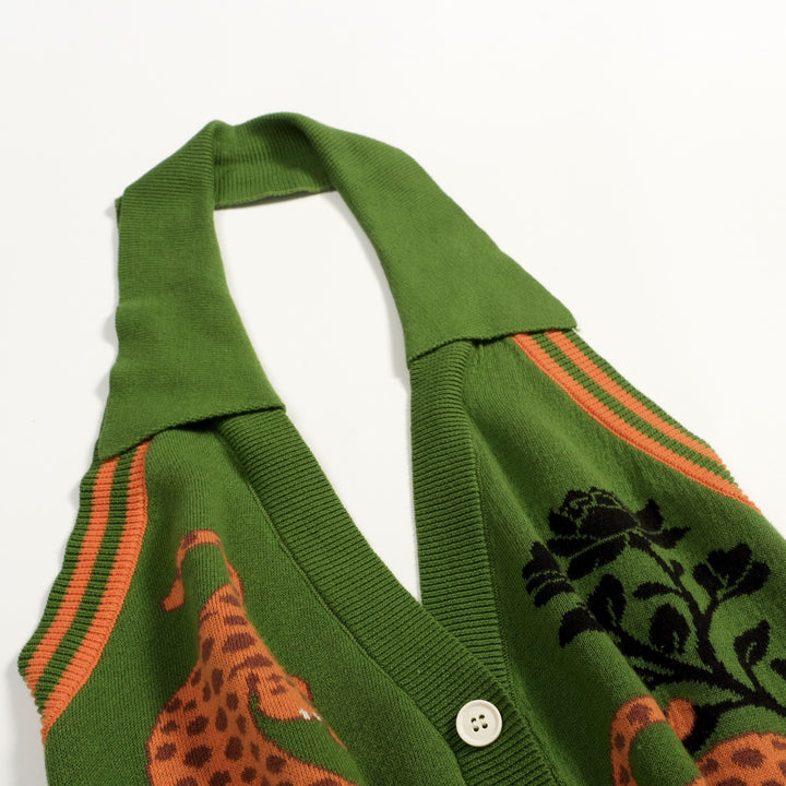 Women's Green Retro Wild Tropical Jungle Artistic Jacquard Halter Knit Vest