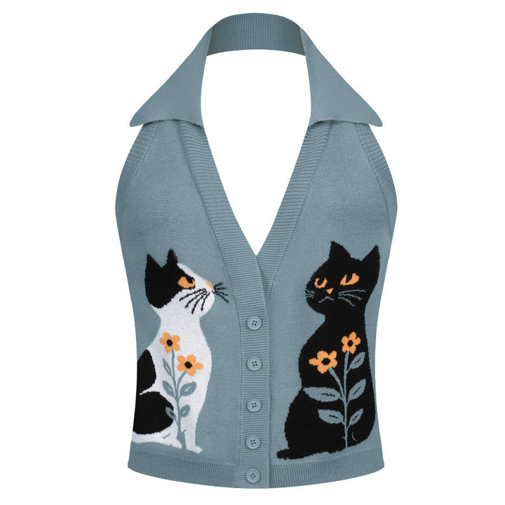 Women's Retro Healing Cat Style Jacquard Halter Knit Vest