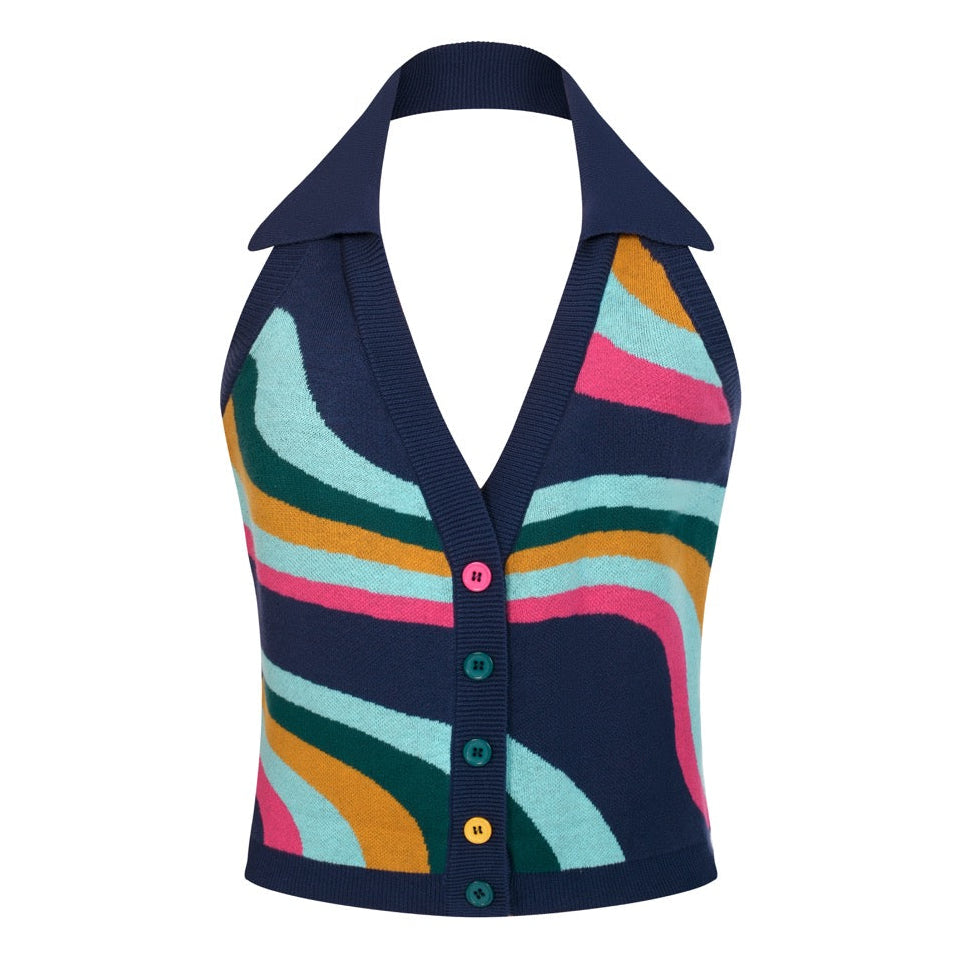 Women's Navy Retro Colorful Striped Jacquard Halter Knit Vest – OXKnit