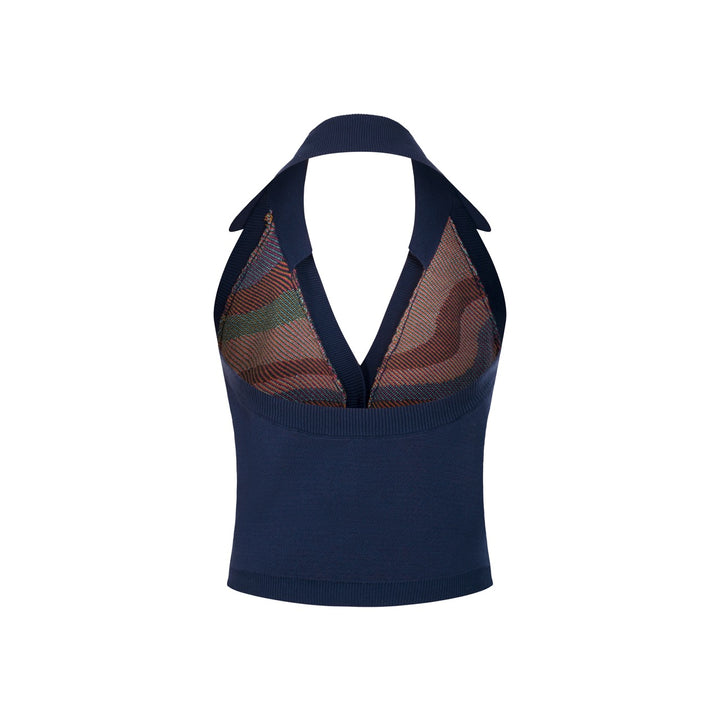 Women's Navy Retro Colorful Striped Jacquard Halter Knit Vest