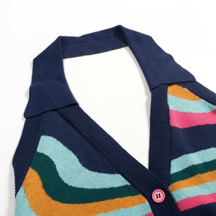 Women's Navy Retro Colorful Striped Jacquard Halter Knit Vest