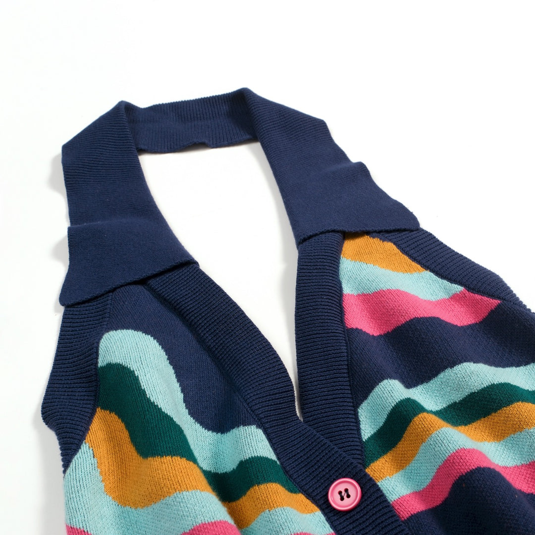 Women's Navy Retro Colorful Striped Jacquard Halter Knit Vest