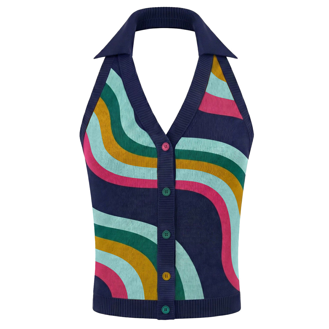 Dames Marineblauwe Retro Kleurrijke Gestreepte Jacquard Halter Gebreid Vest