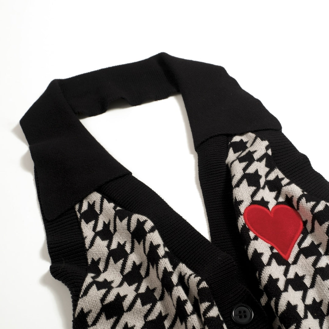 Women's Retro Houndstooth Heart Embroidery Halter Knit Vest