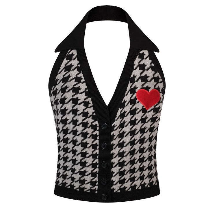 Women's Retro Houndstooth Heart Embroidery Halter Knit Vest
