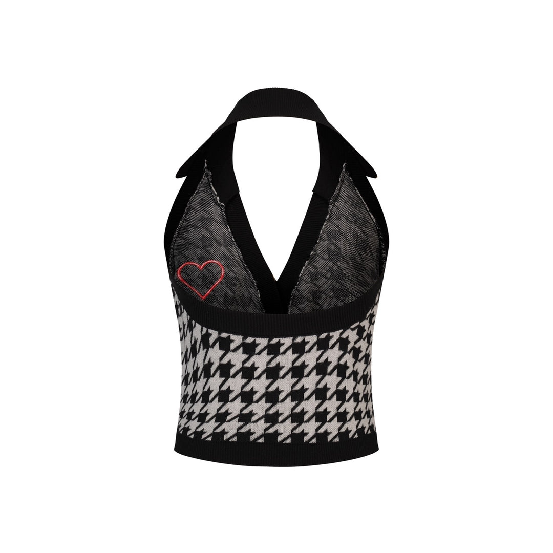 Women's Retro Houndstooth Heart Embroidery Halter Knit Vest