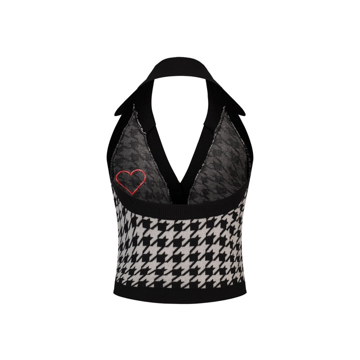 Women's Retro Houndstooth Heart Embroidery Halter Knit Vest