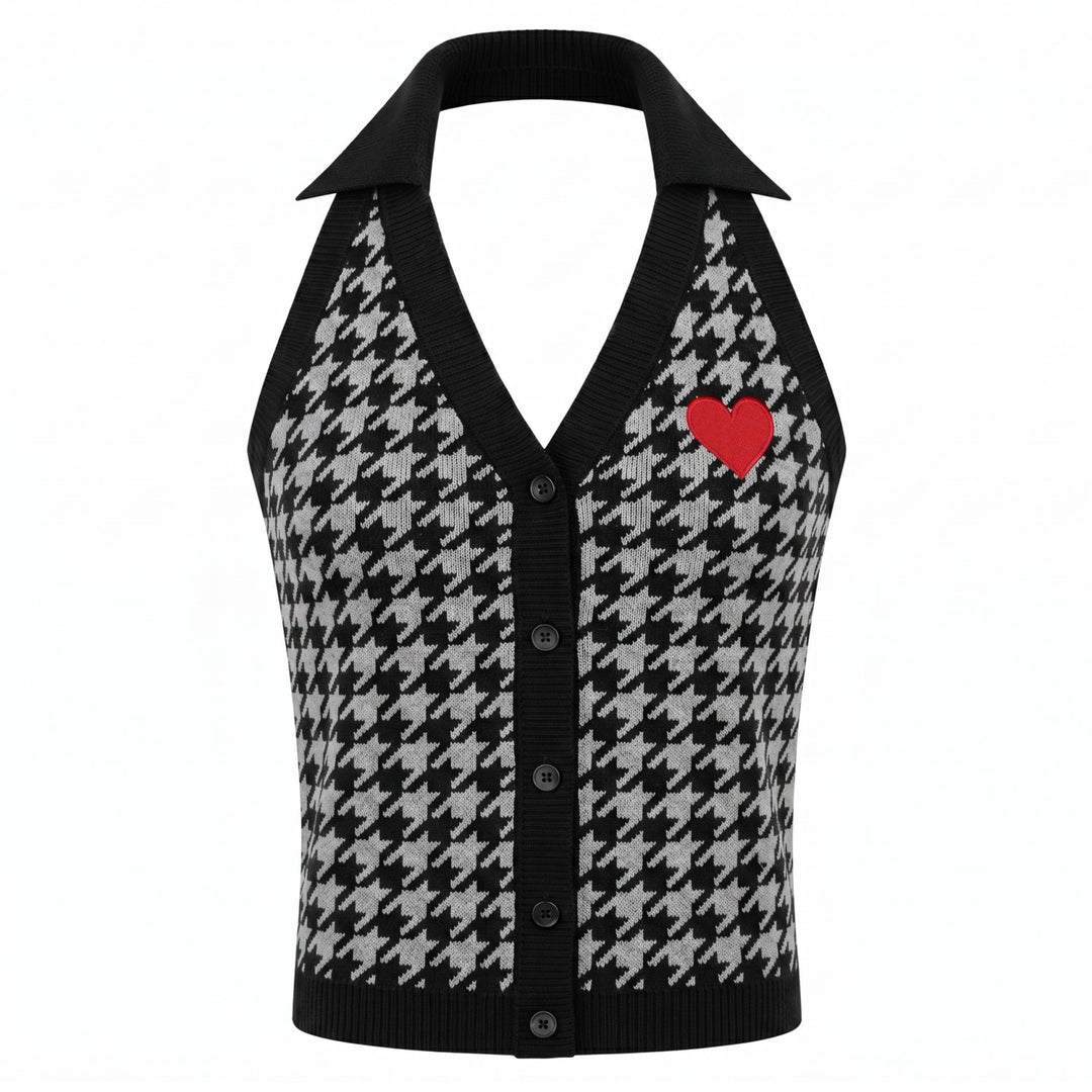 Dames Retro Houndstooth Hart Borduurwerk Halter Gebreide Top