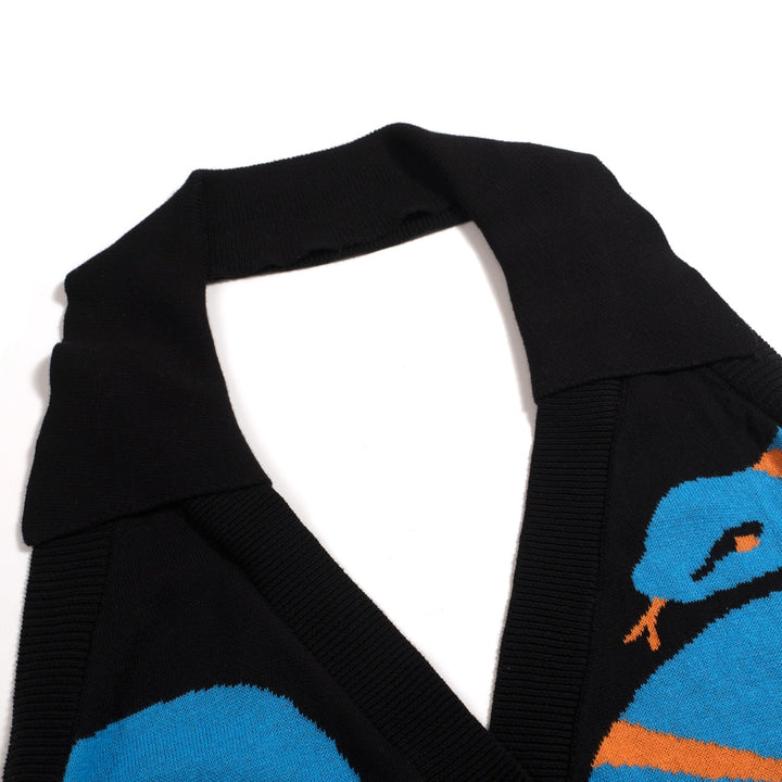 Women's Black 70s Artistic Animal Jacquard Halter Knit Vest