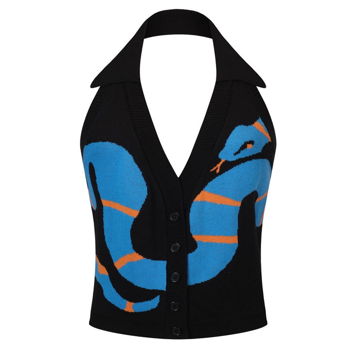 Women's Black 70s Artistic Animal Jacquard Halter Knit Vest
