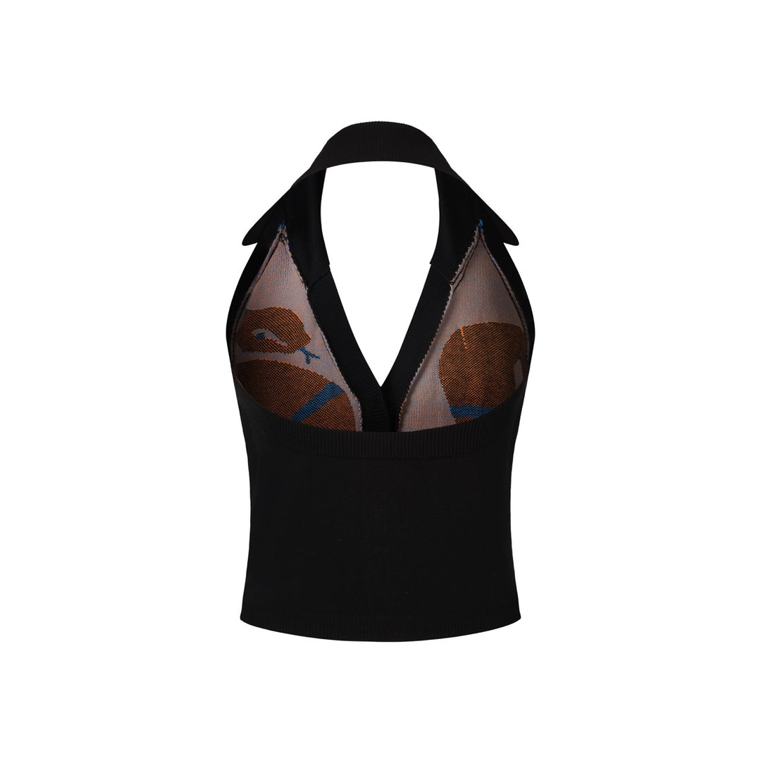 Women's Black 70s Artistic Animal Jacquard Halter Knit Vest