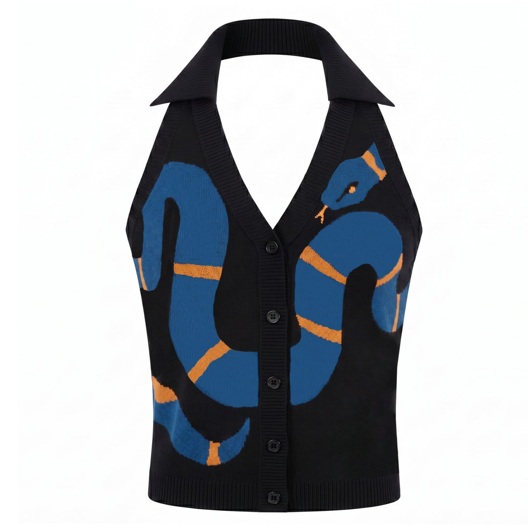 Dames Zwarte 70s Artistiek Dieren Jacquard Halter Gebreide Bodywarmer