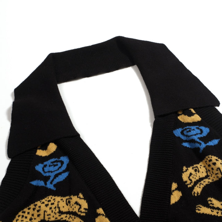 Women's Black 70s Bohemian Art Jacquard Halter Knit Vest