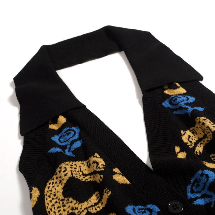 Women's Black 70s Bohemian Art Jacquard Halter Knit Vest