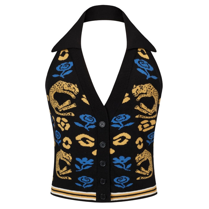 Women's Black 70s Bohemian Art Jacquard Halter Knit Vest