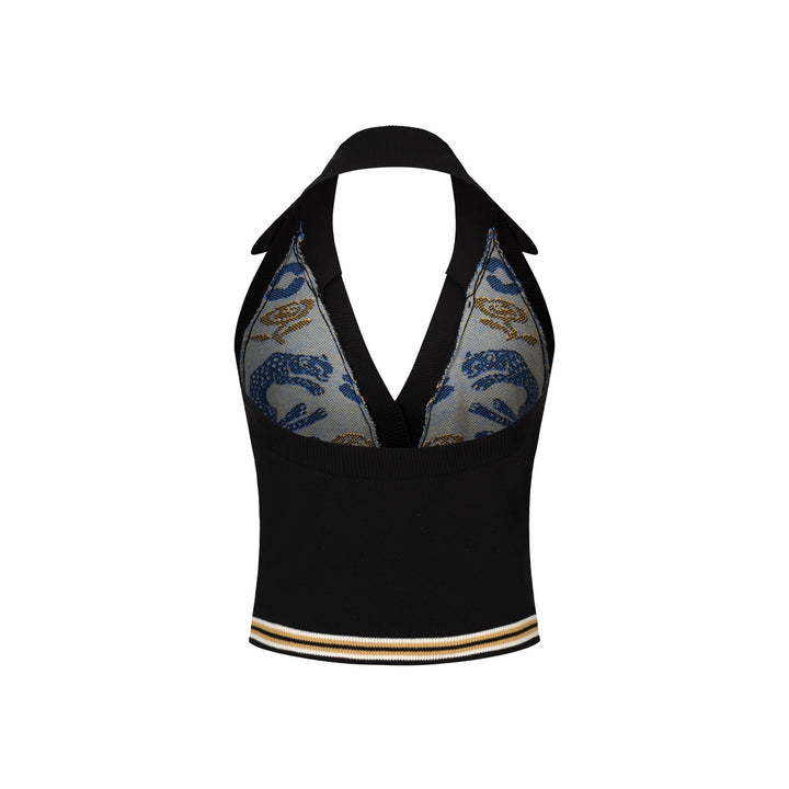 Women's Black 70s Bohemian Art Jacquard Halter Knit Vest