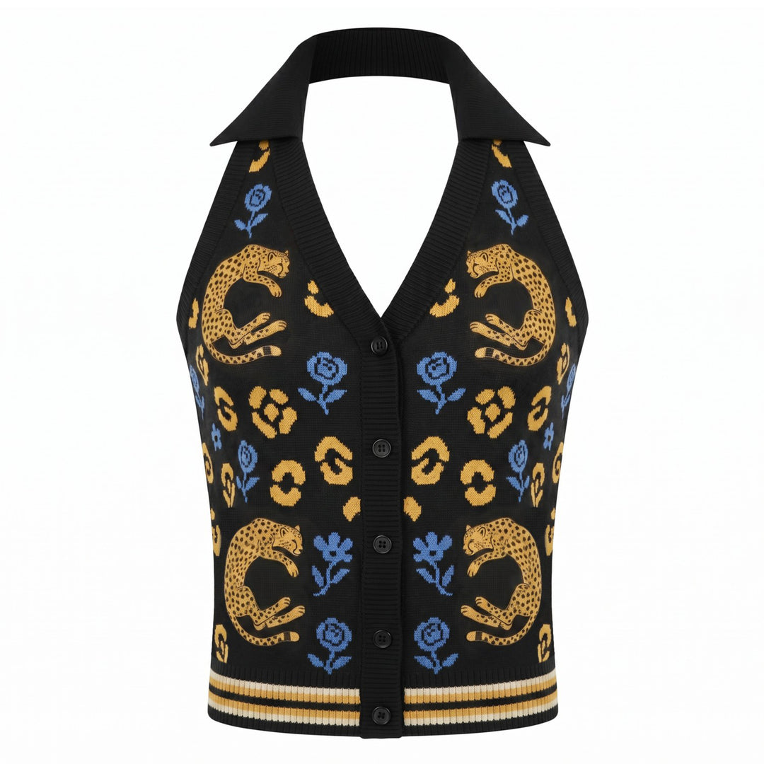 Dames Zwarte Boheemse Jacquard Halter Gebreide Bodywarmer uit de Jaren 70