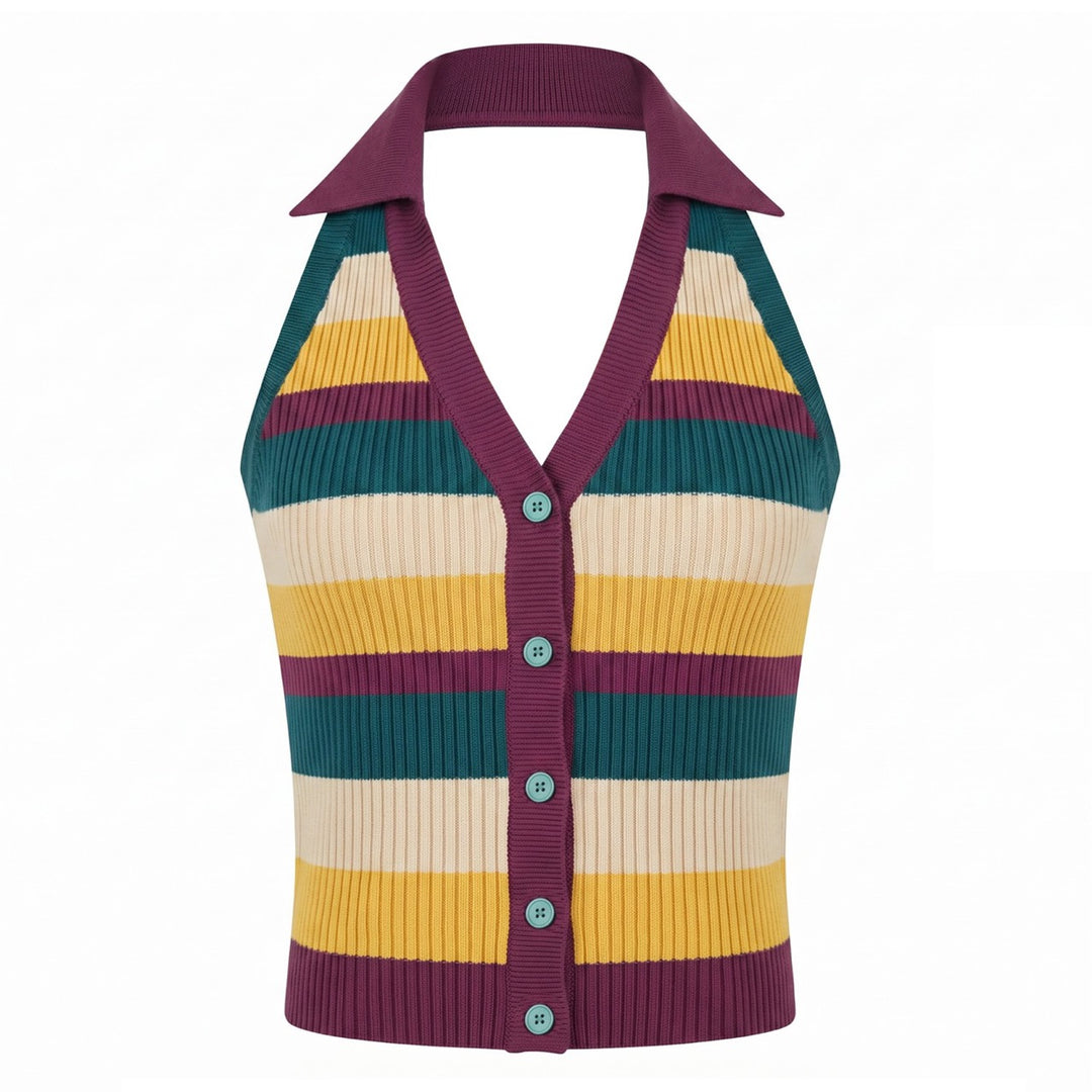 Dames 70s Kleurrijke Gestreepte Art Jacquard Halter Gebreide Bodywarmer