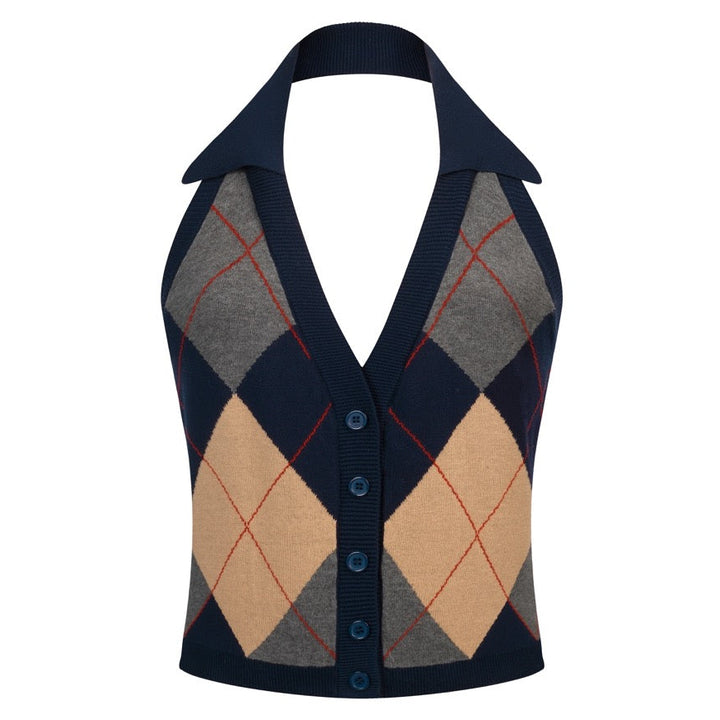 Women's Dark Blue 70s Classic Collegiate Halter Knit Vest