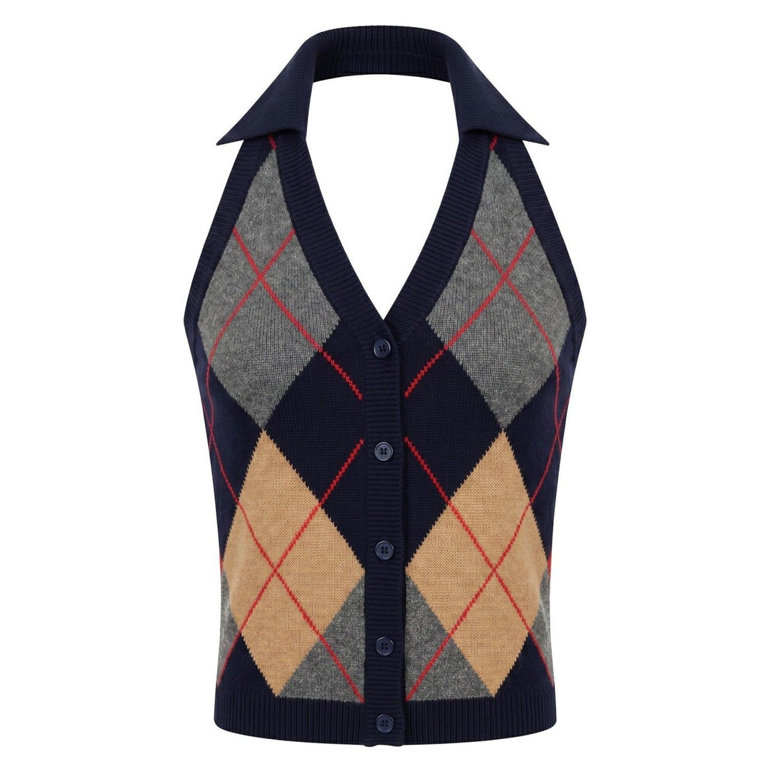 Dames Zwarte 70s Klassieke Collegiate Halter Gebreide Bodywarmer