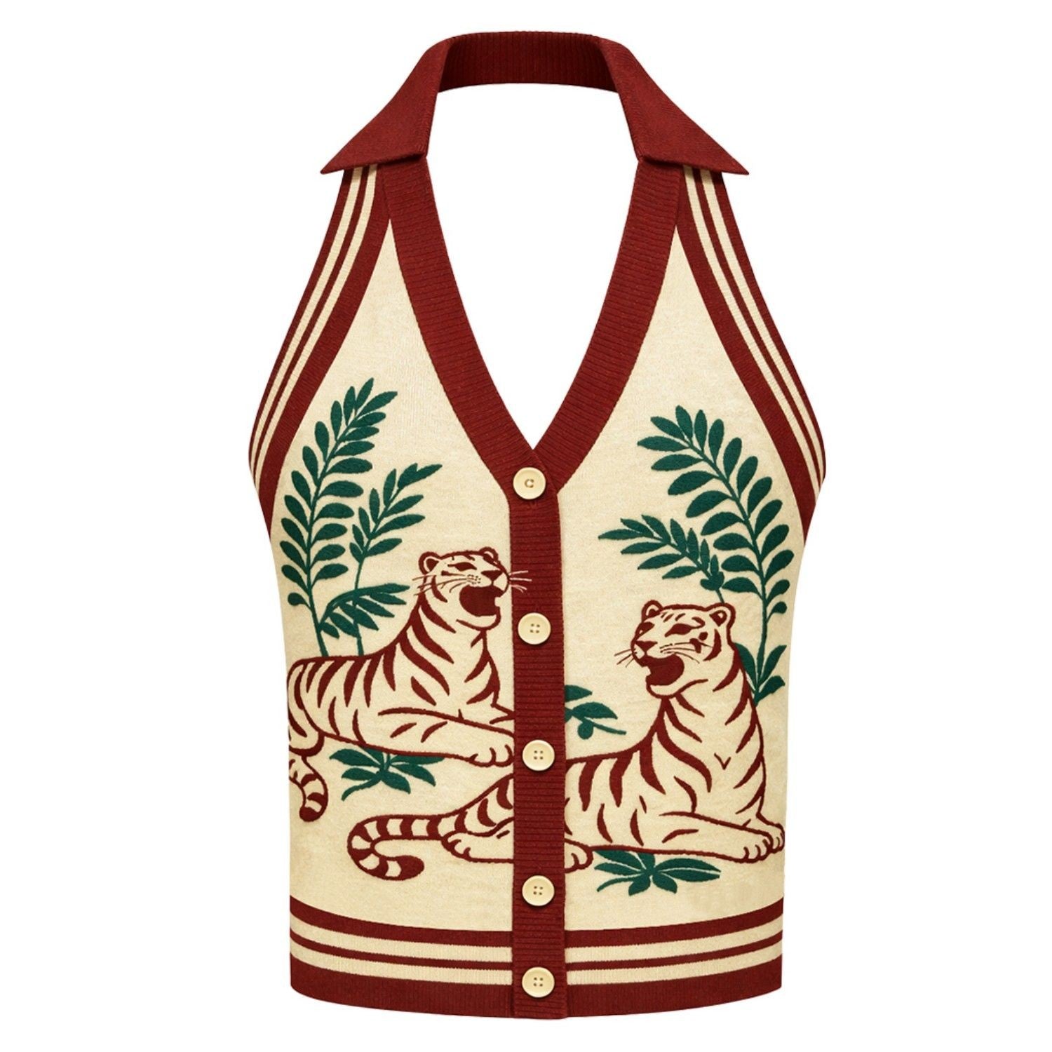 Women's Apricot Vintage Animal Pattern Jacquard Halter Knit Vest