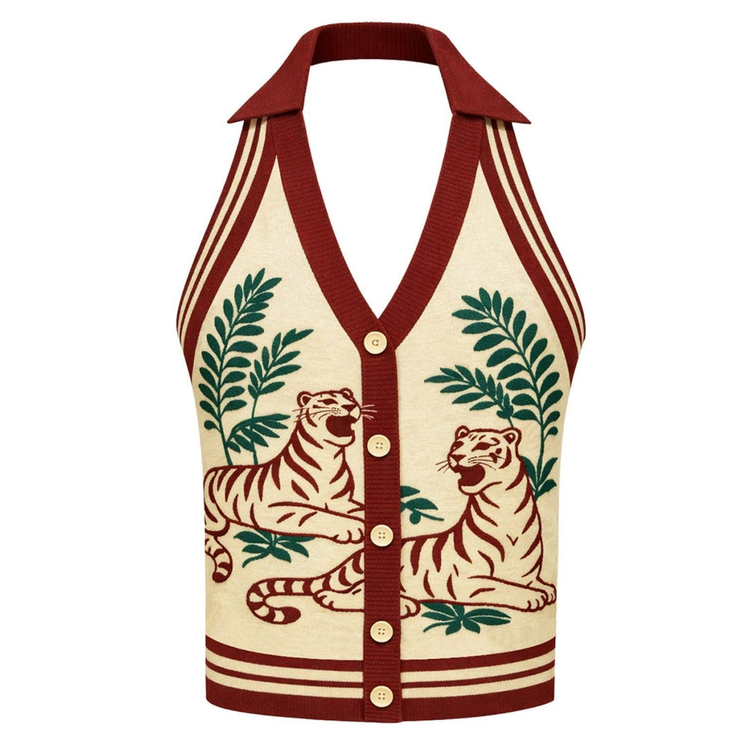 Dames Apricot Vintage Dierenpatroon Jacquard Halter Gebreide Top