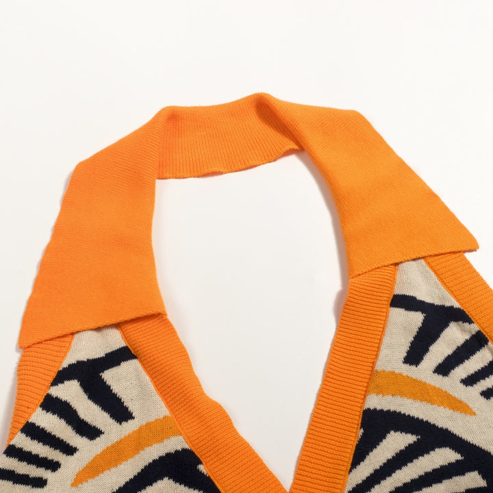 Women's Orange 70s Geometric Sun Jacquard Halter Knit Vest