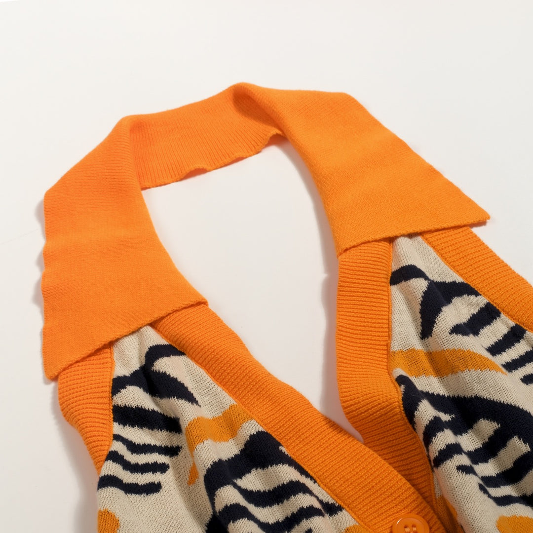 Women's Orange 70s Geometric Sun Jacquard Halter Knit Vest