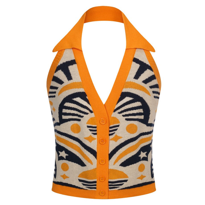 Women's Orange 70s Geometric Sun Jacquard Halter Knit Vest