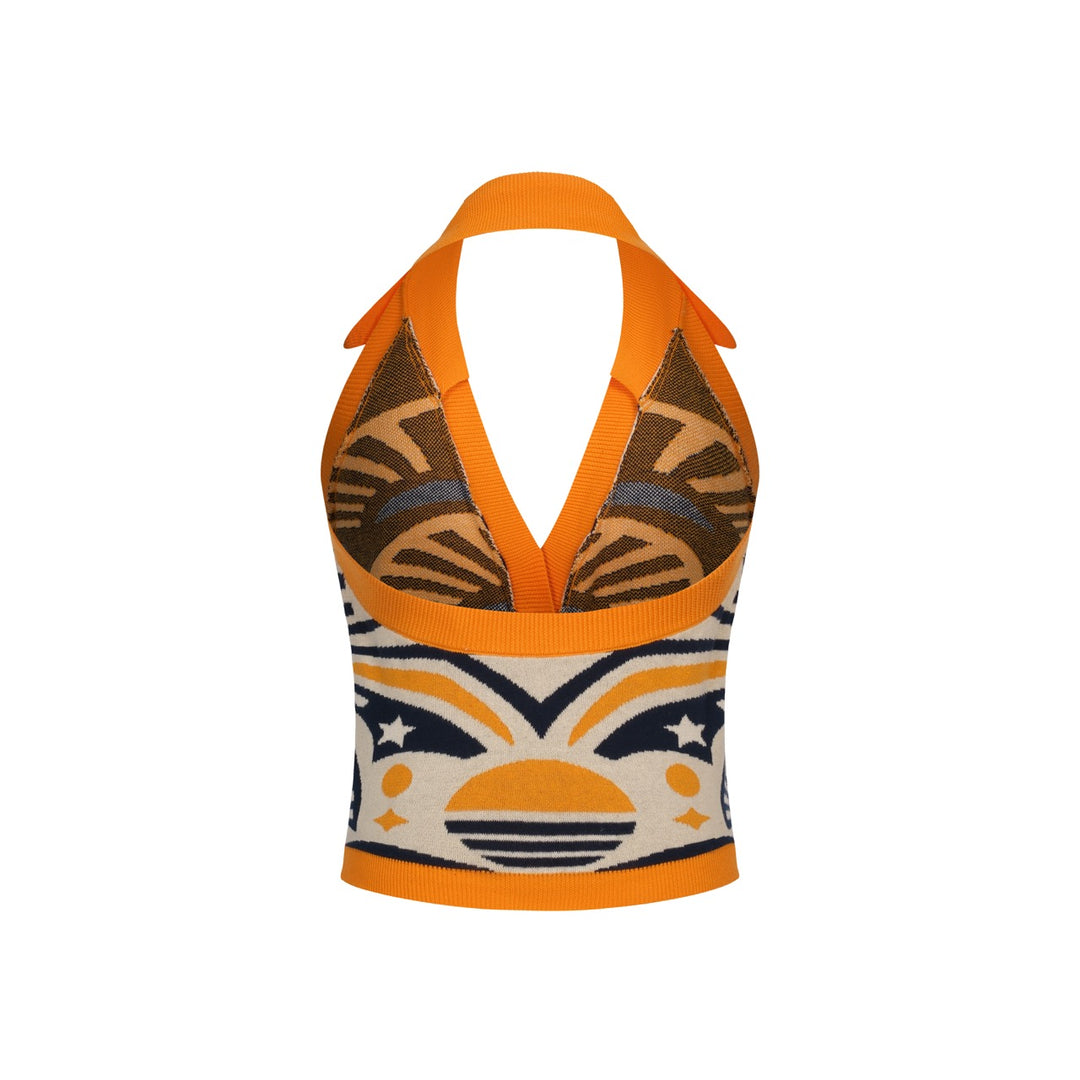 Women's Orange 70s Geometric Sun Jacquard Halter Knit Vest