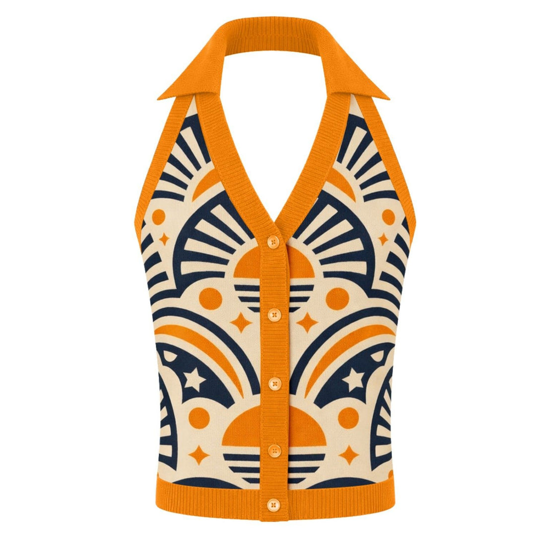 Dames Oranje 70s Geometrisch Zon Jacquard Halter Gebreid Vest