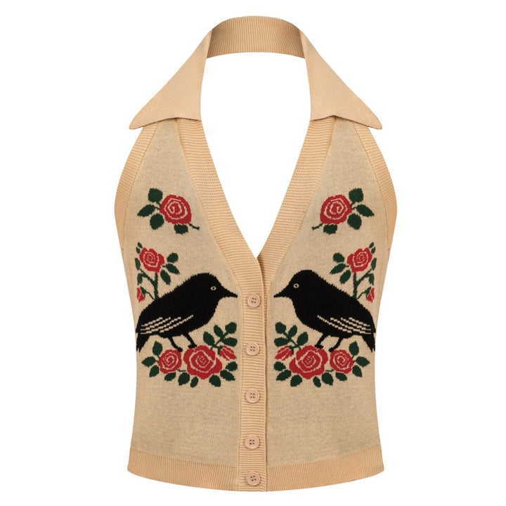 Γυναικείο Πλεκτό Γιλέκο Halter με Vintage Ζακάρ Λουλούδια και Πουλιά σε Μπεζ Απόχρωση