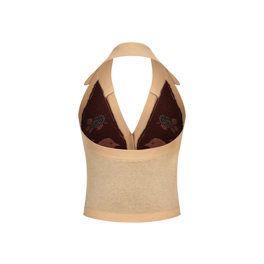 Γυναικείο Πλεκτό Γιλέκο Halter με Vintage Ζακάρ Λουλούδια και Πουλιά σε Μπεζ Απόχρωση